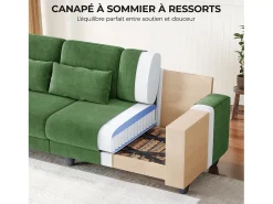 Sofá 3 plazas en tejido chenille verde - con 3 cojines - funda desmontable lavable - 220x81x88cm
