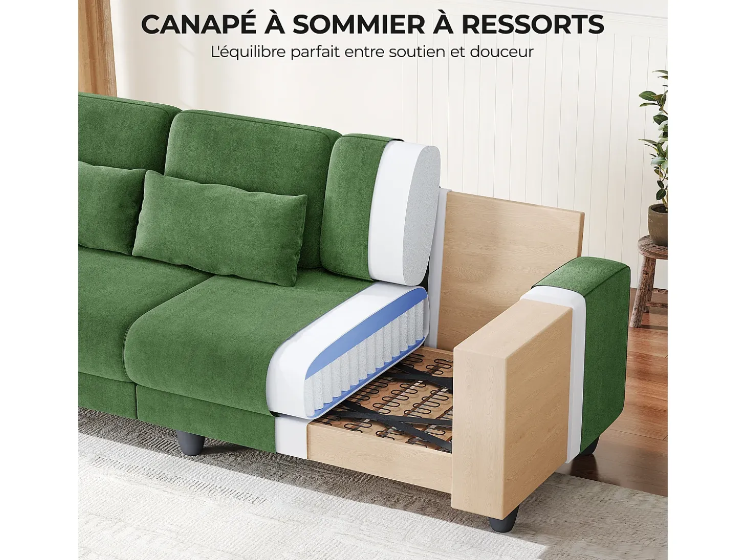 Sofá 3 plazas en tejido chenille verde - con 3 cojines - funda desmontable lavable - 220x81x88cm