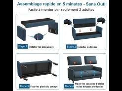 Sofá 2 plazas en tejido terciopelo teddy con 2 cojines - Azul - 148 x 89 x 79 cm