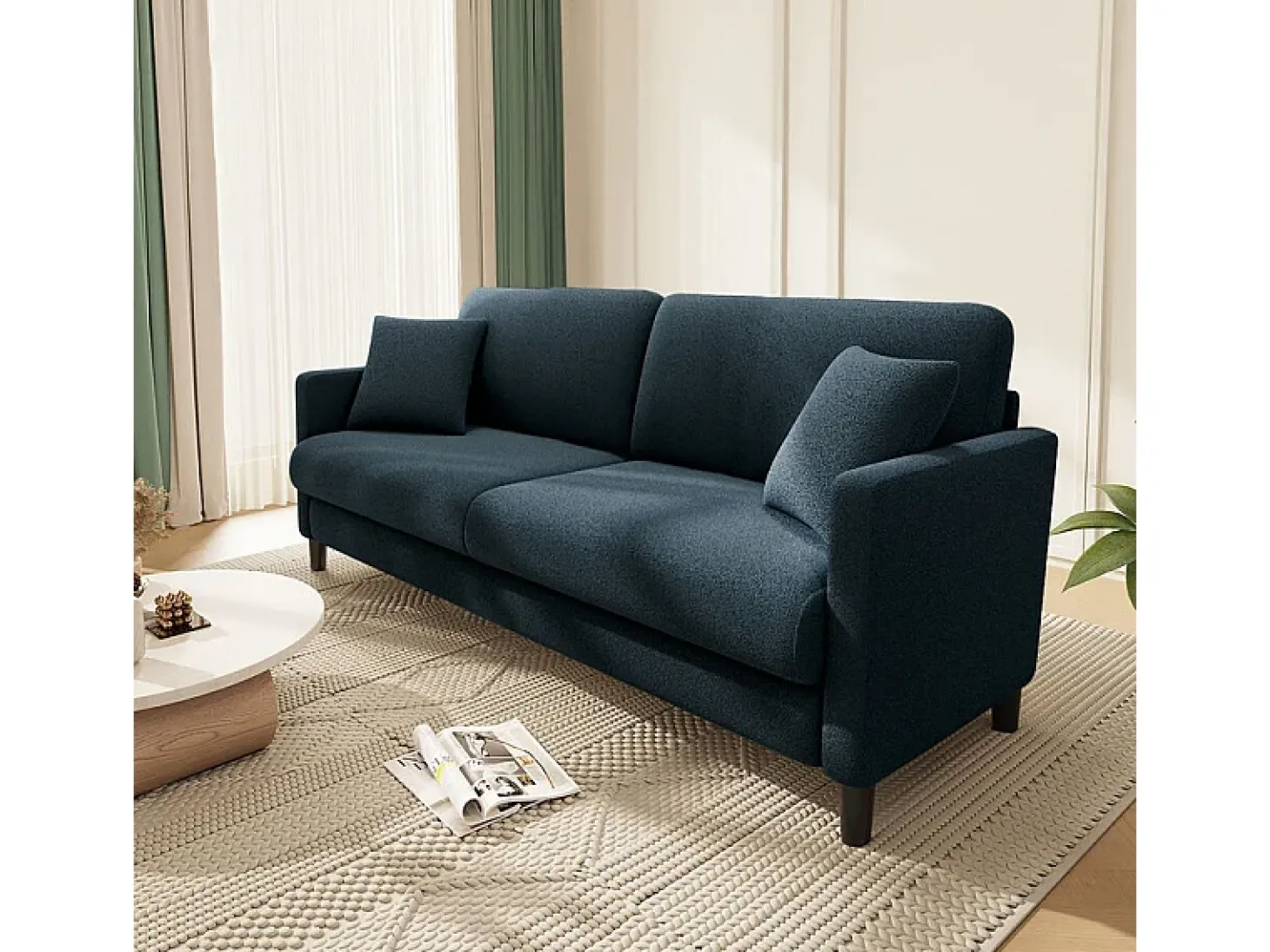 Sofá 2 plazas en tejido terciopelo teddy con 2 cojines - Azul - 148 x 89 x 79 cm