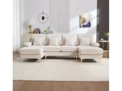 Sofá 4 plazas en terciopelo beige con iluminación LED y puerto USB - diseño moderno en U