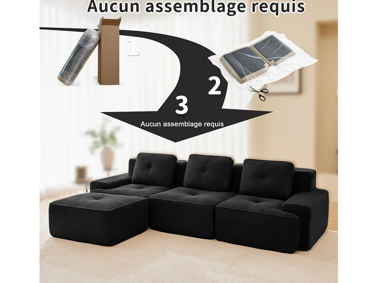 Sofá 3 plazas Esquina Modular en Pana, con otomana y 3 cojines, 293x177x69cm, Negro