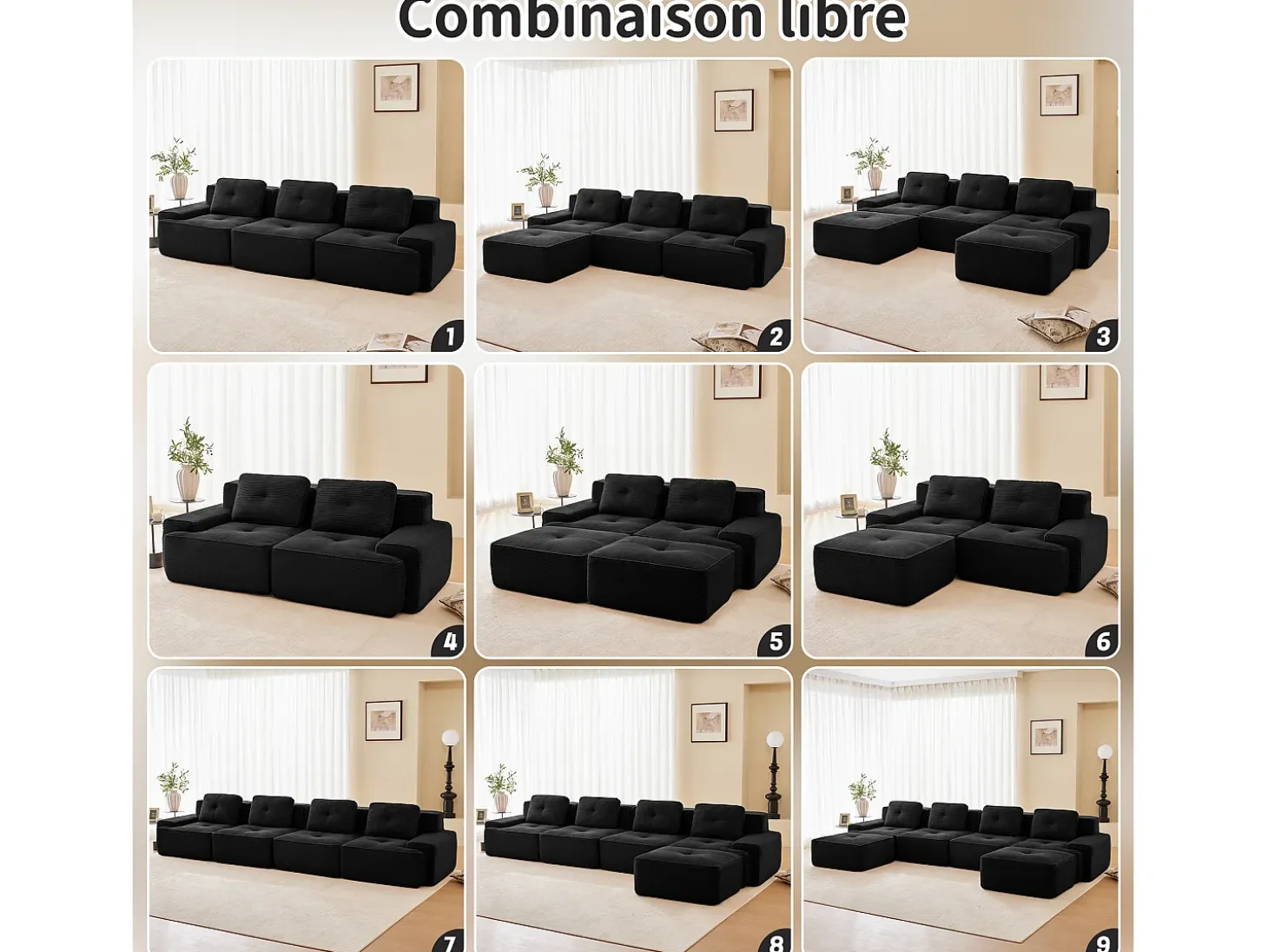 Sofá 3 plazas Esquina Modular en Pana, con otomana y 3 cojines, 293x177x69cm, Negro