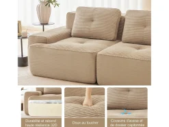 Sofá 4 plazas Esquina Modular en Pana, con 2 otomanas y 4 cojines, 382x177x69cm, Beige
