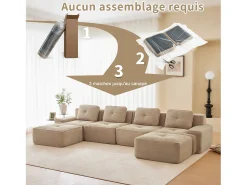 Sofá 4 plazas Esquina Modular en Pana, con 2 otomanas y 4 cojines, 382x177x69cm, Beige