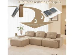 Sofá 3 plazas Esquina Modular en Pana, con otomana y 3 cojines, 293x177x69cm, Beige