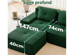 Sofá 3 plazas Esquina Modular en Pana, con otomana y 3 cojines, 293x177x69cm, Verde