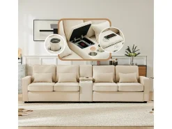 Sofá 4 plazas moderno de lino - con USB y portavasos - 4 cojines - 290x83x88cm - Beige