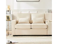 Sofá 4 plazas moderno de lino - con USB y portavasos - 4 cojines - 290x83x88cm - Beige