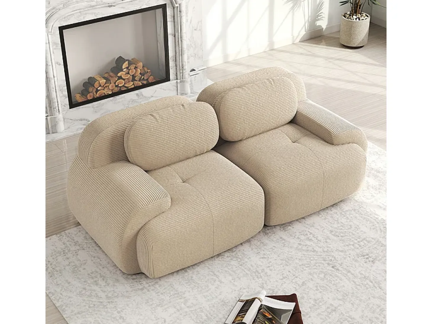 Sofá 2 Plazas Modular de Pana Acanalada - con 2 Cojines - 208x103x75cm - Beige