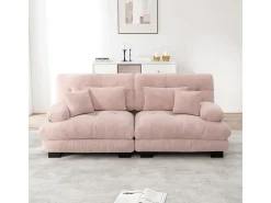 Sofá 2 plazas rosa - con 4 cojines - estructura madera maciza + tejido felpa - 220x77x81cm