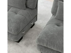 Sofá 4 plazas tejido felpa gris - con 6 cojines - estructura madera maciza - 406x77x81cm