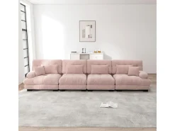 Sofá 4 plazas tejido felpa rosa - con 6 cojines - estructura madera maciza - 406x77x81cm