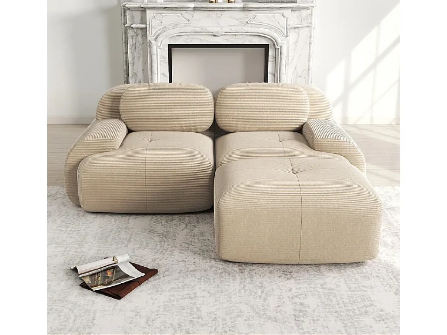 Sofá angular 2 plazas modular - de Pana - con 2 cojines y otomana - ergonómico - 208x178x75cm - Beige