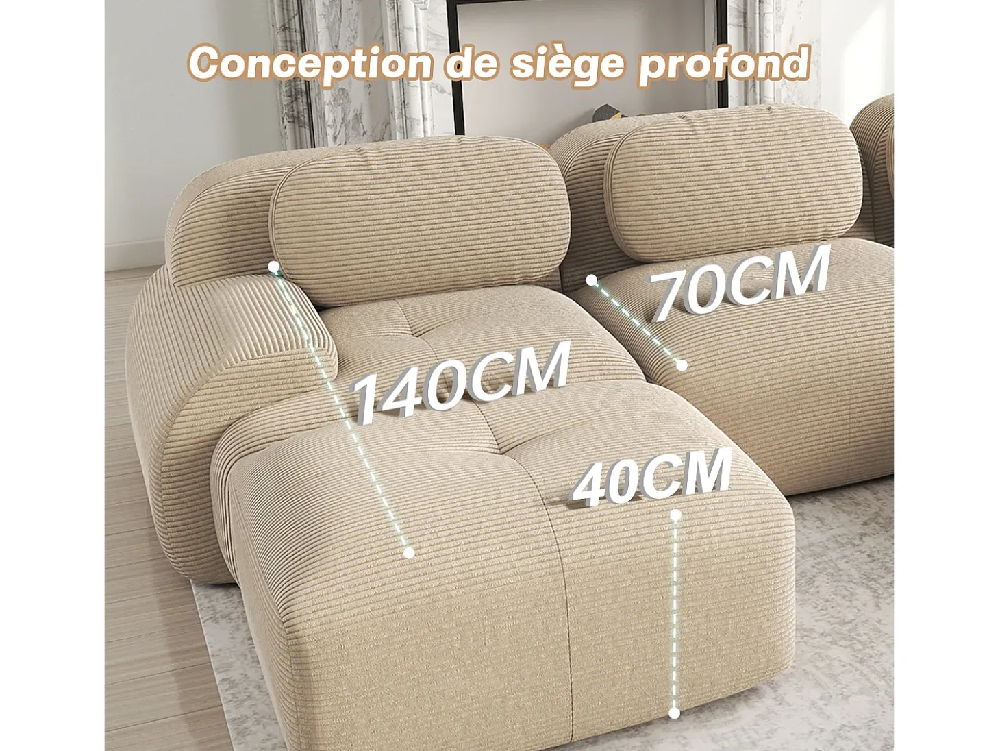 Sofá angular 2 plazas modular - de Pana - con 2 cojines y otomana - ergonómico - 208x178x75cm - Beige