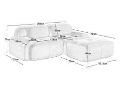 Sofá angular 2 plazas modular - de Pana - con 2 cojines y otomana - ergonómico - 208x178x75cm - Beige