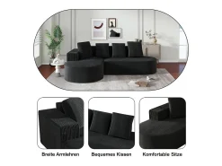 Sofá angular izquierdo de Pana de canalé grueso con 4 cojines - 265x67x40,5cm - Negro