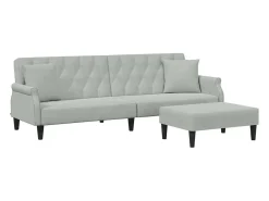 Sofá cama 2 plazas con almohadas taburete terciopelo gris claro