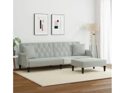 Sofá cama 2 plazas con almohadas taburete terciopelo gris claro