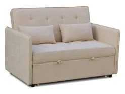 Sofá Cama 3 Posiciones con Sistema Clic-Clac – Convertible en Cama, Tapizado Beige, Estructura de Madera y Cojines Incluidos – 135x87x96 cm