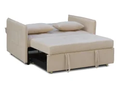 Sofá Cama 3 Posiciones con Sistema Clic-Clac – Convertible en Cama, Tapizado Beige, Estructura de Madera y Cojines Incluidos – 135x87x96 cm