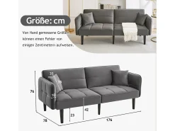Sofá cama ajustable 2 en 1 - 176 x 78 x 76 cm - 2 plazas - con reposabrazos abatibles - Terciopelo - Gris