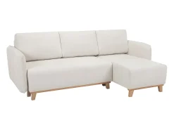 Sofá cama chaise longue reversible 3-4 plazas de tejido efecto aterciopelado texturizado beige y madera clara ROMANE
