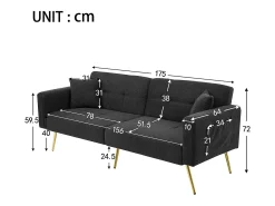 Sofá cama con función de cama, ángulo ajustable, patas doradas, con cojines y bolsillos de almacenamiento laterales