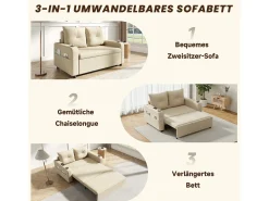 Sofá cama convertible 3 en 1 - 131 x 81 x 94 cm - con portavasos + cojines + puerto USB - Algodón y lino - Beige