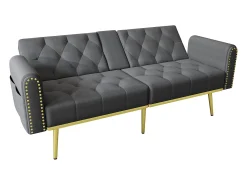 Sofá cama convertible de 2 plazas - Portavasos, 2 soportes lumbares y bolsillos laterales - Terciopelo gris