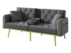 Sofá cama convertible de 2 plazas - Portavasos, 2 soportes lumbares y bolsillos laterales - Terciopelo gris