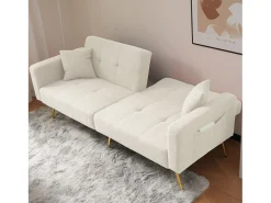 Sofá cama convertible de 2 plazas en tejido Sherpa - 175 x 64 x 72 cm - Patas de metal dorado - Blanco