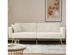 Sofá cama convertible de 2 plazas en tejido Sherpa - 175 x 64 x 72 cm - Patas de metal dorado - Blanco