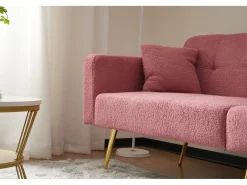 Sofá cama convertible de 2 plazas en tejido Sherpa - 175 x 64 x 72 cm - Patas de metal dorado - Rosa