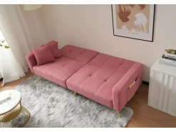 Sofá cama convertible de 2 plazas en tejido Sherpa - 175 x 64 x 72 cm - Patas de metal dorado - Rosa