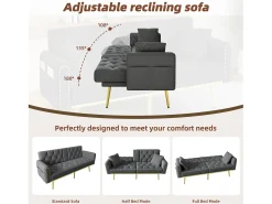 Sofá cama de 2 plazas - 175 x 80 x 73,5 cm - 3 posiciones de reclinación y con portavasos - terciopelo - gris