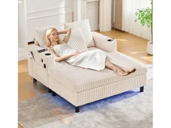 Sofá cama de 3 plazas - 142 x 128 x 85 cm - con portavasos + puertos USB + LED - terciopelo - beige