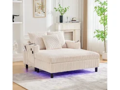 Sofá cama de 3 plazas - 142 x 128 x 85 cm - con portavasos + puertos USB + LED - terciopelo - beige