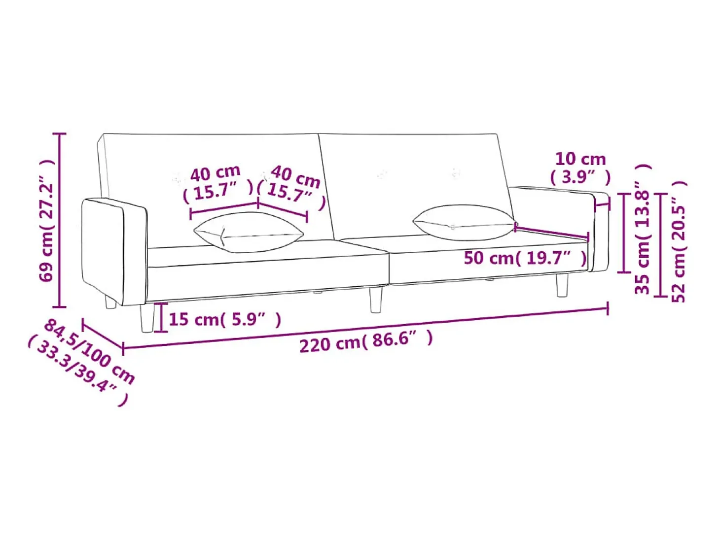 Sofá cama de 2 plazas con dos almohadas tela color vino