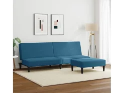 Sofá cama de 2 plazas con taburete terciopelo azul