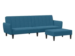 Sofá cama de 2 plazas con taburete terciopelo azul