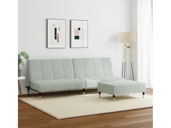 Sofá cama de 2 plazas con taburete terciopelo gris claro