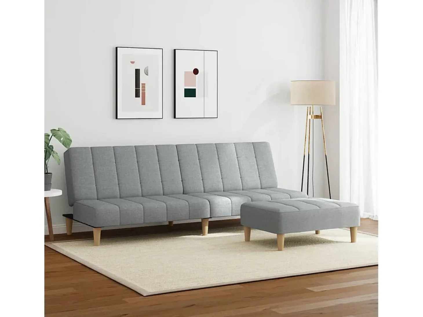 Sofá cama de 2 plazas con taburete tela gris claro