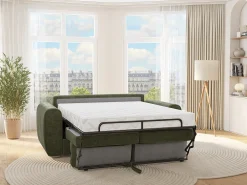 Sofá cama de 3 plazas de apertura rápida de tela verde - Cama de 140 cm - Colchón de 14 cm BOLIPO