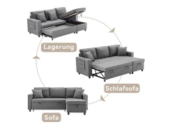 Sofá cama de 3 plazas en L con función de dormir - Chaise longue con almacenaje - Lino gris oscuro