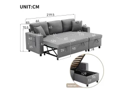 Sofá cama de 3 plazas en L con función de dormir - Chaise longue con almacenaje - Lino gris oscuro