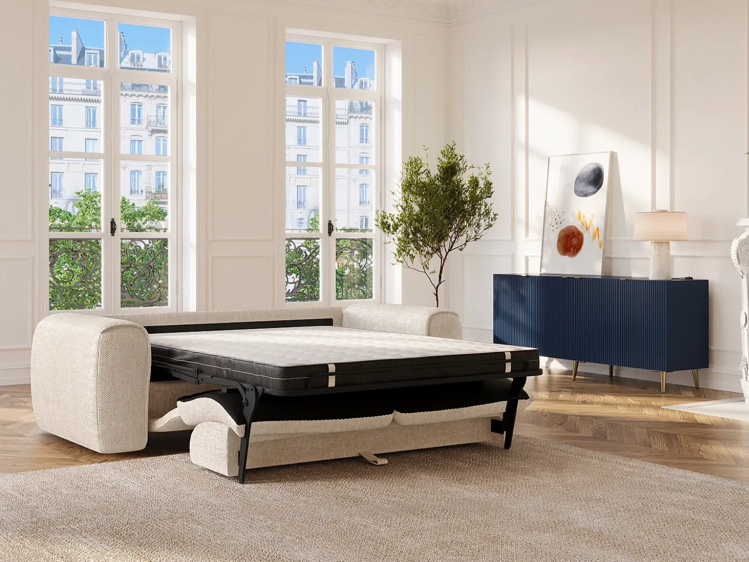 Sofá cama de 3 plazas en tela texturizada beige POGNIA
