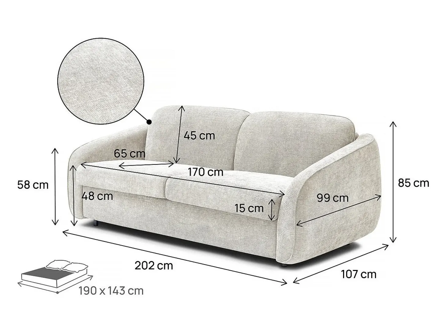 Sofá cama exprés "Laurie" en tejido texturizado - Cama de 140 cm - 3 plazas - Beige