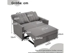 Sofá cama plegable de 2 plazas en tejido de lino - 127 x 75/180 x 94 cm - con función de descanso y respaldo regulable - Gris