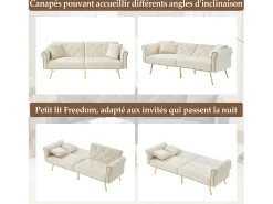Sofá cama recto de 2 plazas en terciopelo beige, respaldo abatible en 3 posiciones - 173x75x70cm